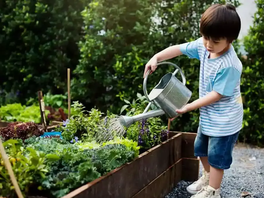 a child gardening, learning about gardening
